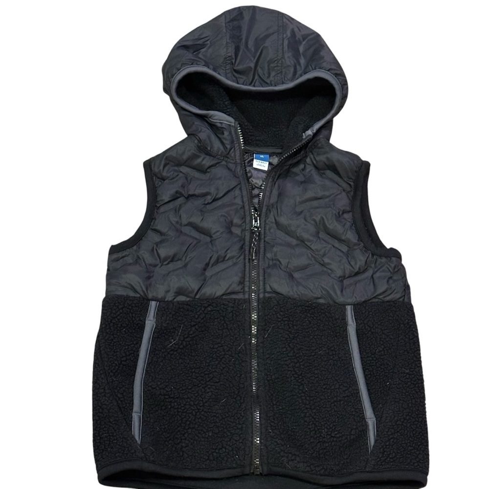 Old Navy Kids Fleece Lined Quilted Vest Hoody Black Pockets Sz 8 EUC